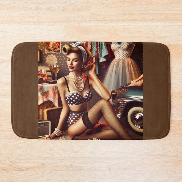 Item preview, Vintage pin-up inspired scene, with polka-dot lingerie and retro accessories, evoking nostalgia designed and sold by AndreaMart.
