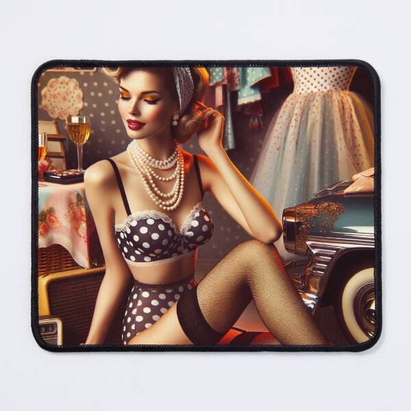Item preview, Vintage pin-up inspired scene, with polka-dot lingerie and retro accessories, evoking nostalgia designed and sold by AndreaMart.