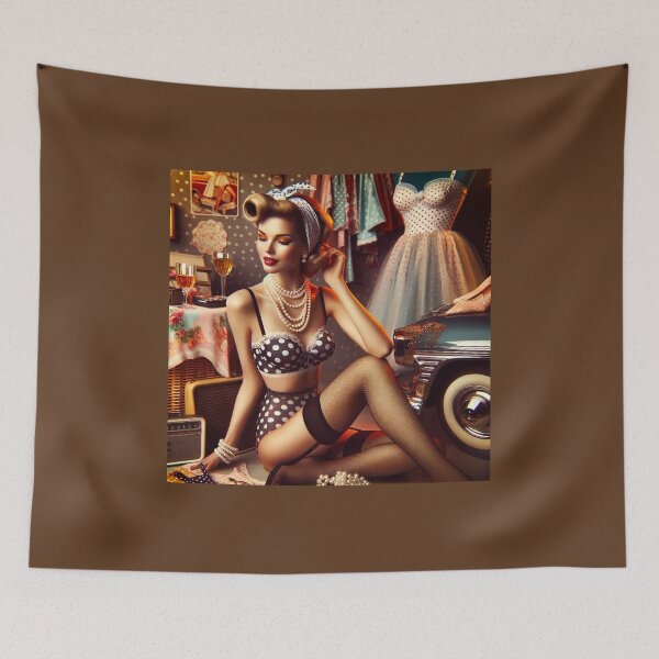 Item preview, Vintage pin-up inspired scene, with polka-dot lingerie and retro accessories, evoking nostalgia designed and sold by AndreaMart.