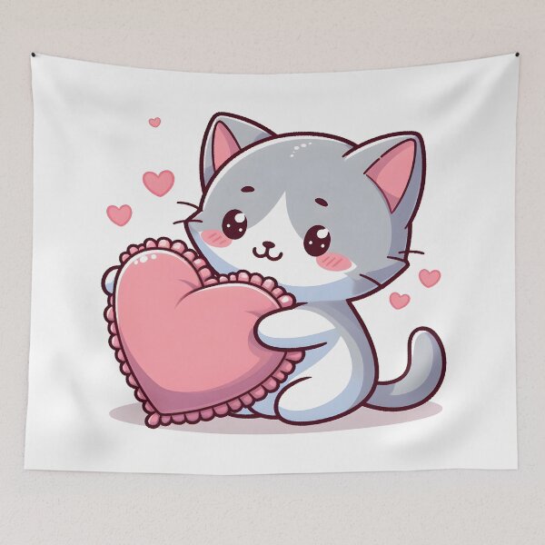 Item preview, Kawaii Kitten With Heart-Shaped Pillow designed and sold by CanvasCutie.