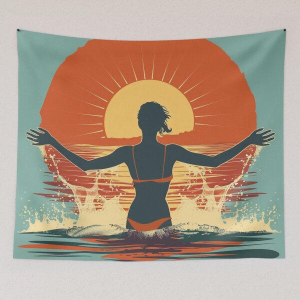 Item preview, Woman in the water splashing – retro sunset 6 designed and sold by Wildflow Creations.