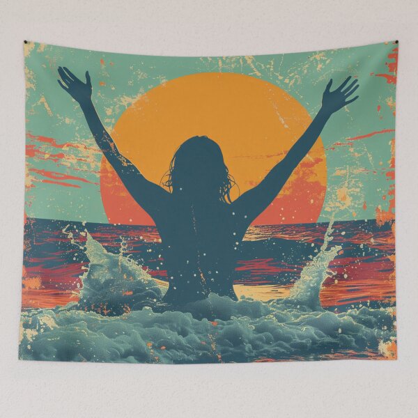 Item preview, Woman in the water splashing – retro sunset 7 designed and sold by Wildflow Creations.