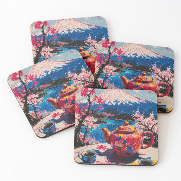 Item preview, Abstract Japanese Artwork - Cherry blossoms, Mount Fuji and a Traditional Teapot designed and sold by feether-store.