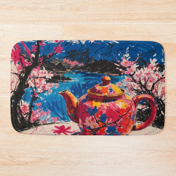 Item preview, Abstract Japanese Artwork - Cherry blossoms, Mount Fuji and a Traditional Teapot designed and sold by feether-store.