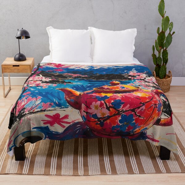 Item preview, Abstract Japanese Artwork - Cherry blossoms, Mount Fuji and a Traditional Teapot designed and sold by feether-store.