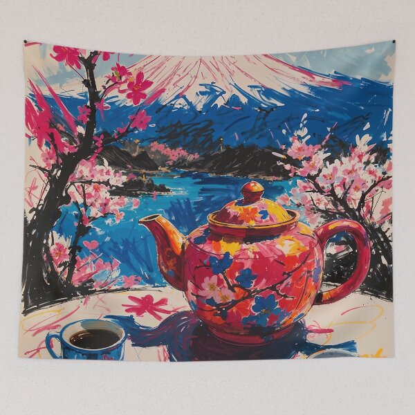 Item preview, Abstract Japanese Artwork - Cherry blossoms, Mount Fuji and a Traditional Teapot designed and sold by feether-store.