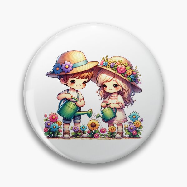 Item preview, a boy and a girl water the flowers in the garden designed and sold by GabbyKI261.