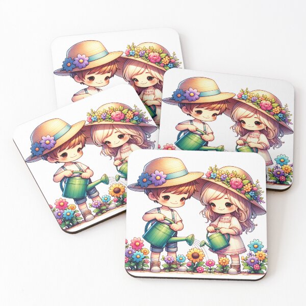Item preview, a boy and a girl water the flowers in the garden designed and sold by GabbyKI261.