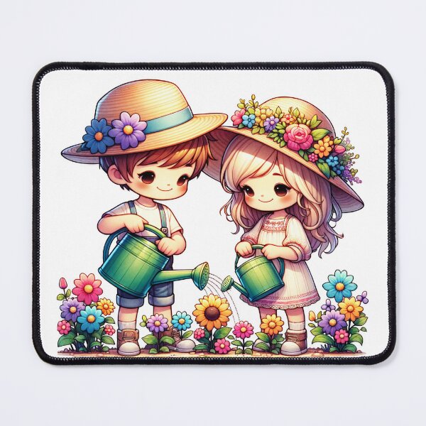 Item preview, a boy and a girl water the flowers in the garden designed and sold by GabbyKI261.