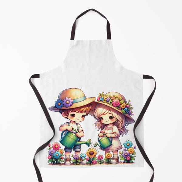 Item preview, a boy and a girl water the flowers in the garden designed and sold by GabbyKI261.