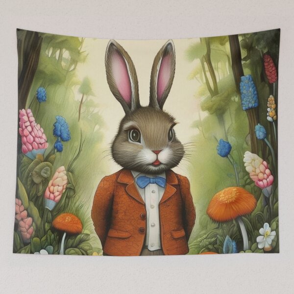 Item preview, Cute fluffy bunny rabbit in a suit on a spring walk. A small Art Deco portrait. designed and sold by SaraSumi.