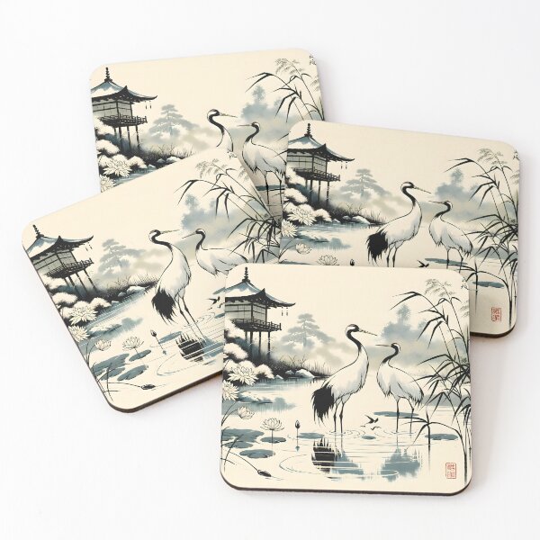 Item preview, Crane in a Pond, Japanese Art Style designed and sold by ParenthoodPuns.