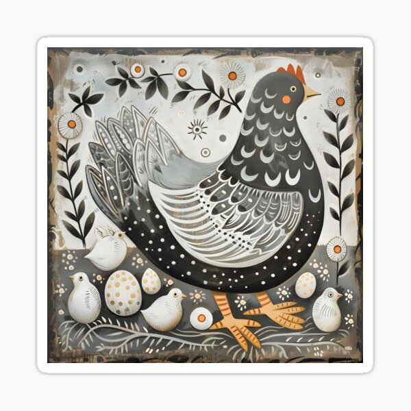 Vista previa del artículo con la obra «Gallina y pollitos con flores populares 4», diseñado y vendido por Folksy Living.