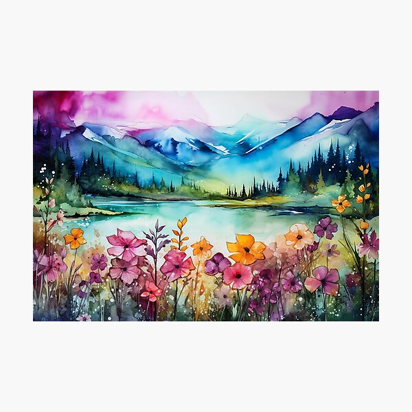 Item preview, Mountain landscape with lake and wildflowers watercolor designed and sold by MillyMae-Design.