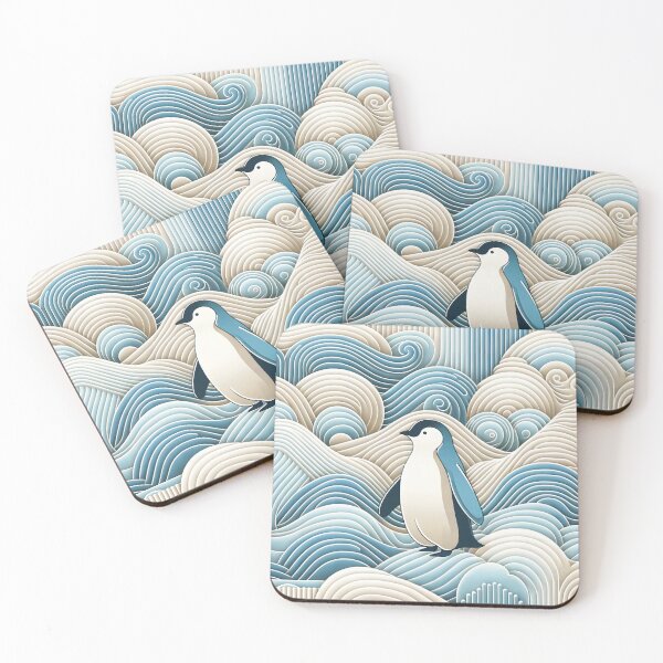 Item preview, Penguin In Cream Blue Abstract Waves designed and sold by PenguinForests.