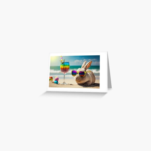 Item preview, Easter Bunny with Sunglasses, Cocktail and Colorful Easter Eggs on the Beach designed and sold by BestCoffeeTimes.