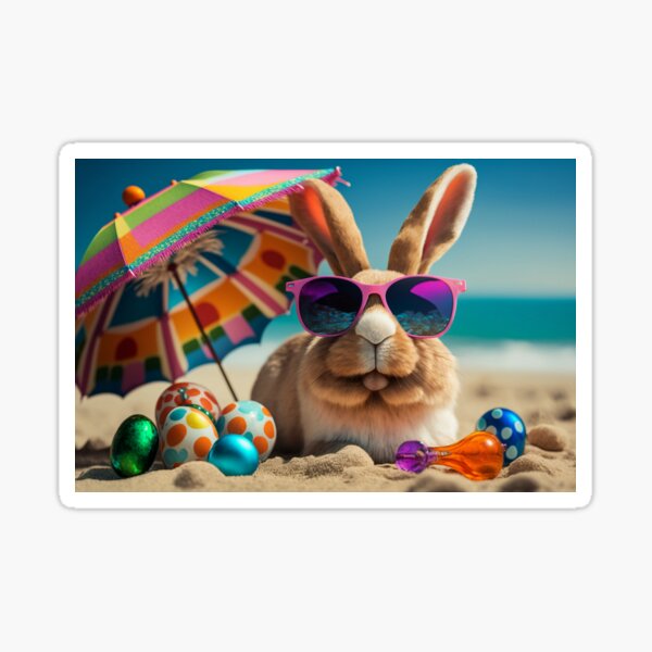 Item preview, Easter Bunny with Sunglasses, Sunshade and Colorful Easter Eggs on the Beach designed and sold by BestCoffeeTimes.