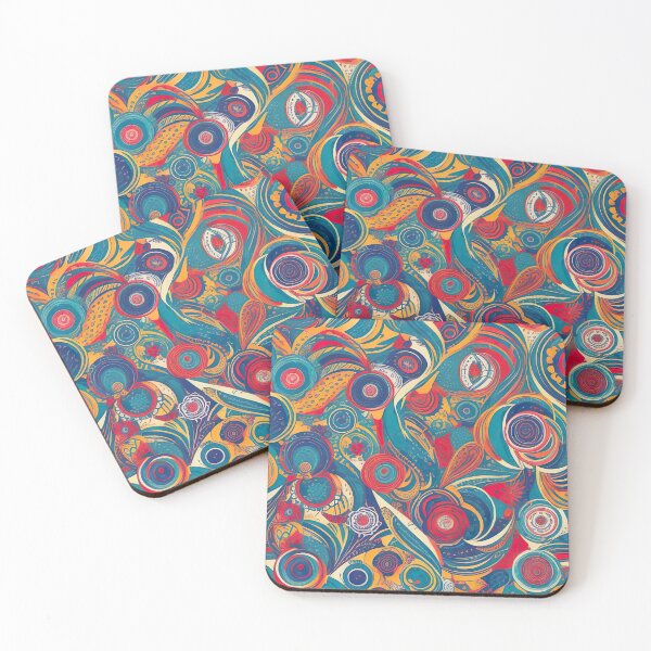 Item preview, Complex round shapes in red and blue tones a mix of retro and modern abstract art designed and sold by Frostquest.