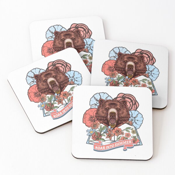 Item preview, Roar into summer, retro flowers and brown bear emerging from a book  designed and sold by BritishDelights.