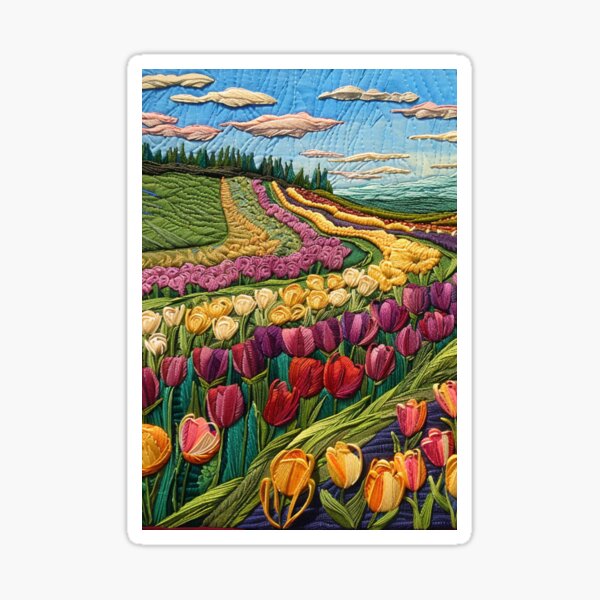 Sticker Springtime: field of daisy flowers with blue sky and clouds 