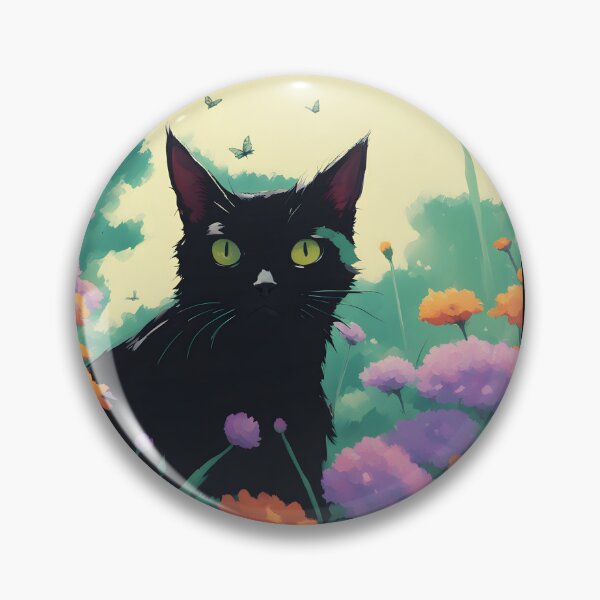 Item preview, black cat in outdoor violet flowers and roses designed and sold by Catophile.
