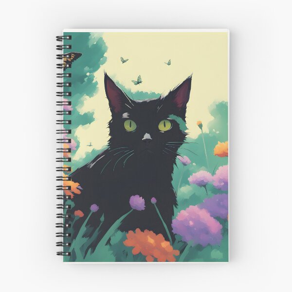 Item preview, black cat in outdoor violet flowers and roses designed and sold by Catophile.
