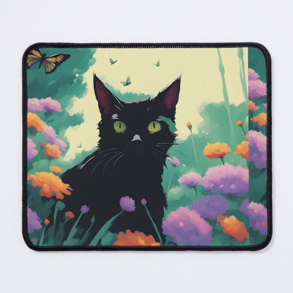 Item preview, black cat in outdoor violet flowers and roses designed and sold by Catophile.