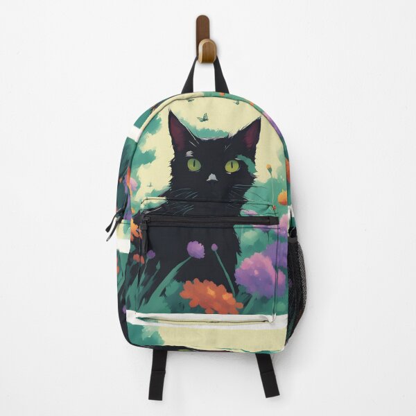 Item preview, black cat in outdoor violet flowers and roses designed and sold by Catophile.