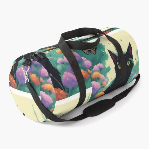 Item preview, black cat in outdoor violet flowers and roses designed and sold by Catophile.