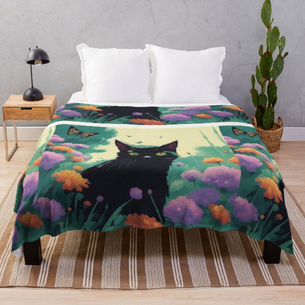 Item preview, black cat in outdoor violet flowers and roses designed and sold by Catophile.