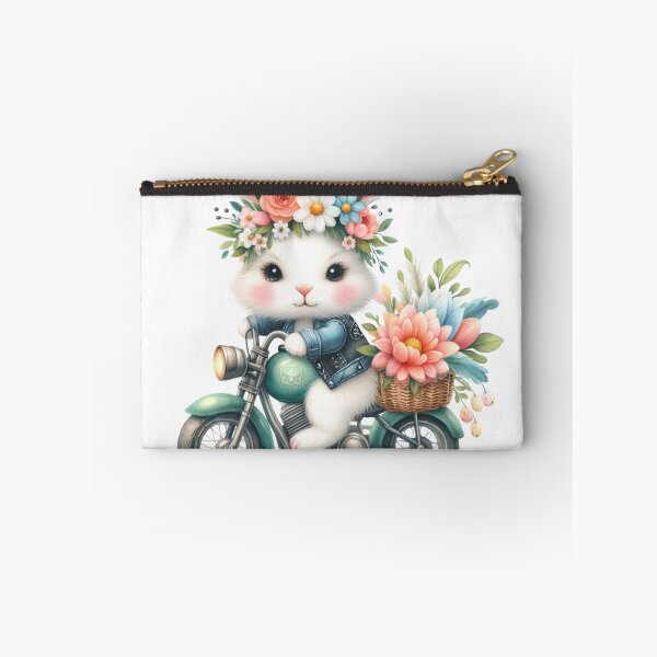 Item preview, Bunny Rabbit Riding Vintage Green Motorcycle with Basket of Flowers Easter Leaves Spring designed and sold by Sarcastic Narwhal.