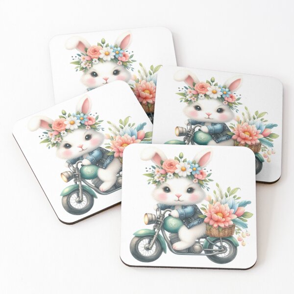Item preview, Bunny Rabbit Riding Vintage Green Motorcycle with Basket of Flowers Easter Leaves Spring designed and sold by Sarcastic Narwhal.