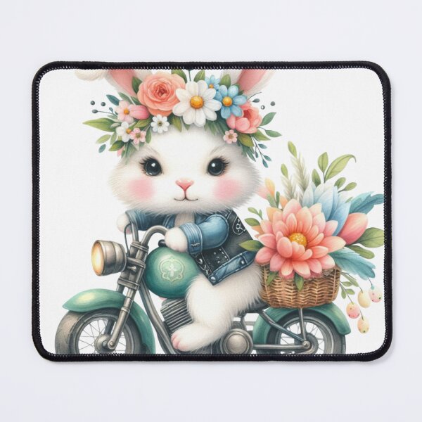 Item preview, Bunny Rabbit Riding Vintage Green Motorcycle with Basket of Flowers Easter Leaves Spring designed and sold by Sarcastic Narwhal.