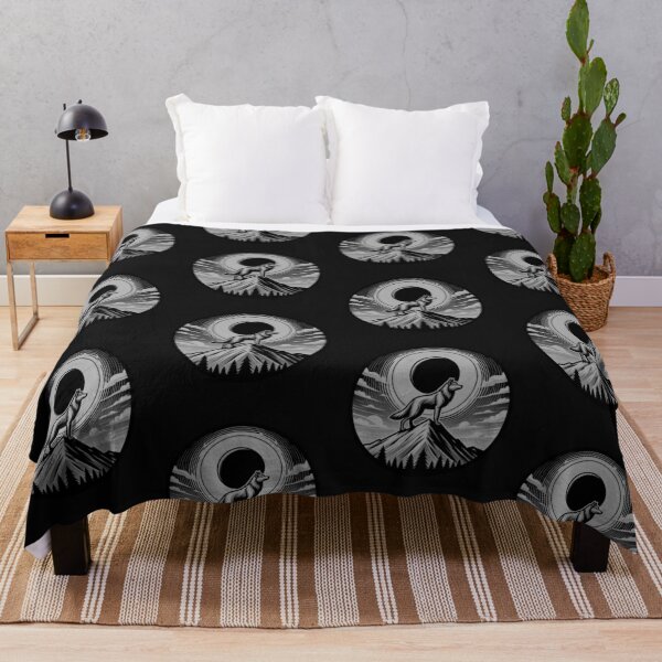 Item preview, Black and White Solar Eclipse with Wolf on Mountain designed and sold by NeaftyFinds.