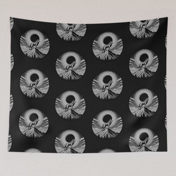 Item preview, Black and White Solar Eclipse with Wolf on Mountain designed and sold by NeaftyFinds.