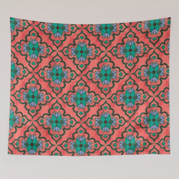 Item preview, Vintage Flower Aesthetic Seafoam Blue Coral Pink Tile Pattern  designed and sold by lingartdesign.