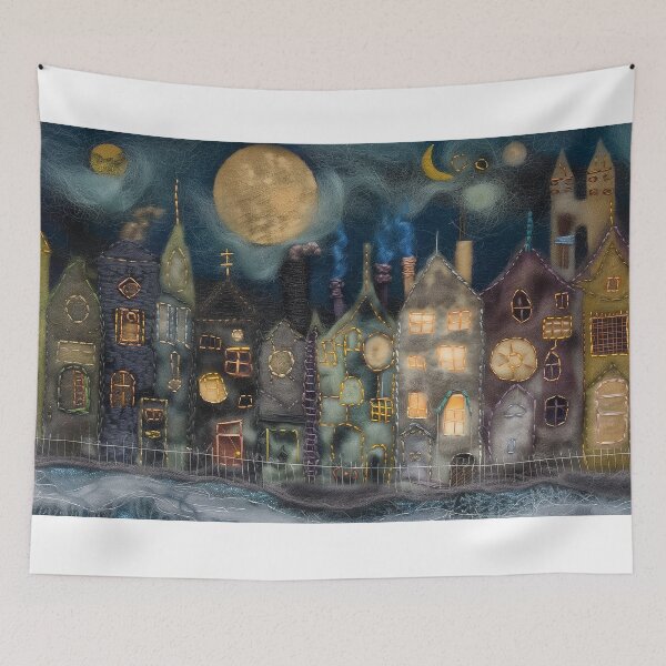 Item preview, Whimsical Moonlit Cityscape Needle Felting Embroidery designed and sold by 33wolvesdesigns.