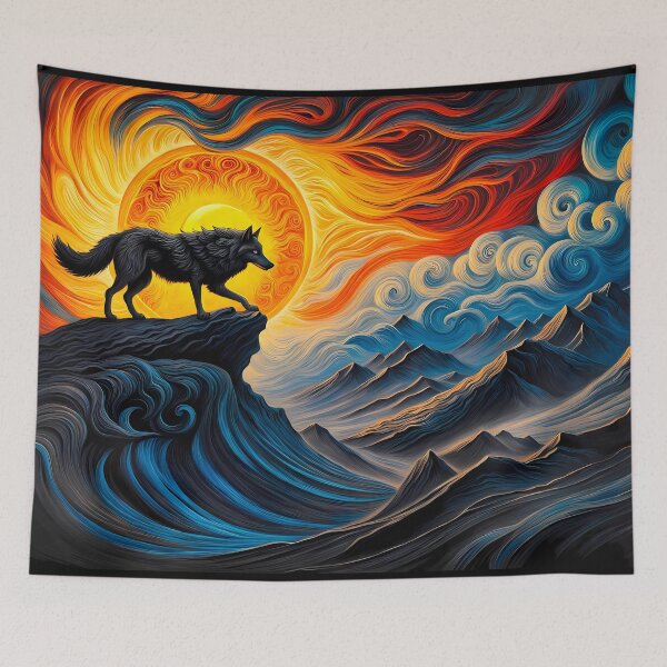 Item preview, Wolf and Mountains Against Swirling Sun, Ai Generated Art  designed and sold by ACC .