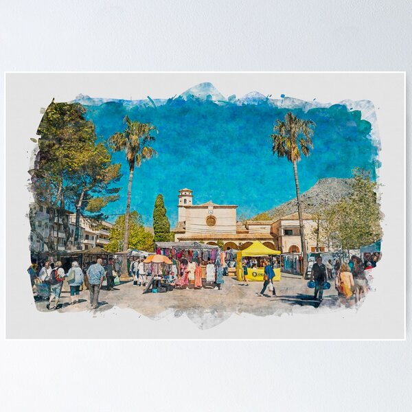 Item preview, Puerto Pollensa Square Mallorca Watercolour Effect designed and sold by GG WALL ART.