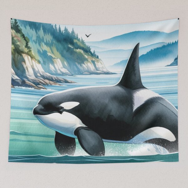 Item preview, Orca breaching landscape designed and sold by Tiffany Glassco.