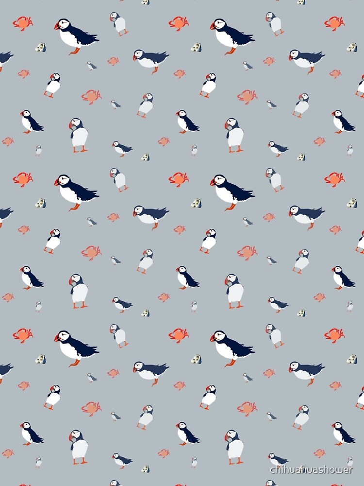 Puffins on grey by chihuahuashower