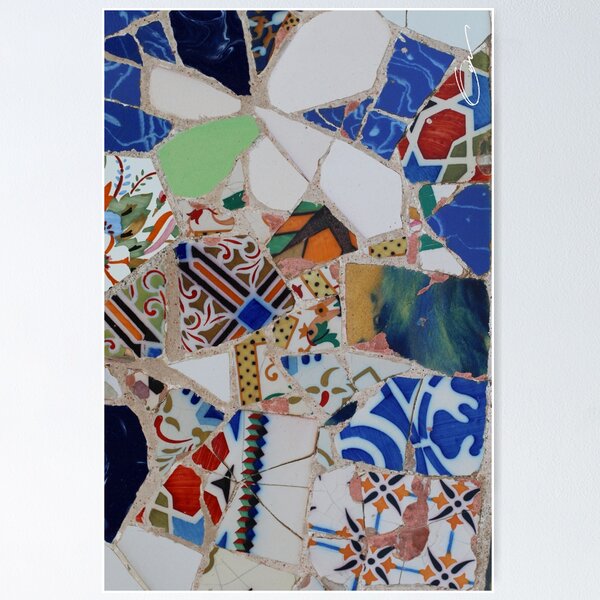 Blue and white floral and geometric mosaic pattern. Poster
