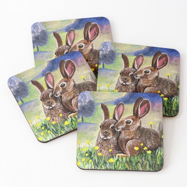 Item preview, Pair of rabbits snuggle together in a field of buttercups designed and sold by mazarte.
