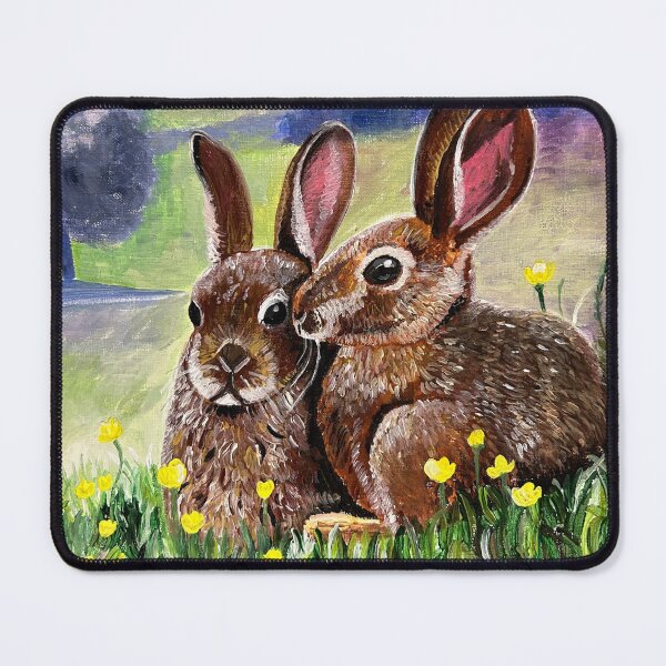 Item preview, Pair of rabbits snuggle together in a field of buttercups designed and sold by mazarte.