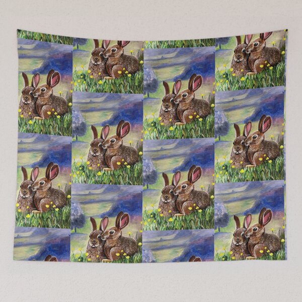 Item preview, Pair of rabbits snuggle together in a field of buttercups designed and sold by mazarte.