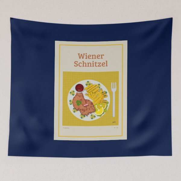 Item preview, WIENER SCHNITZEL Illustration with a Wiener Schnitzel, French fries, ketchup and lemon slices designed and sold by Posteria.