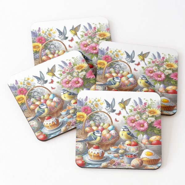 Item preview, Happy Easter table with colorful Easter eggs, treats and flowers designed and sold by JaroDesign2023.
