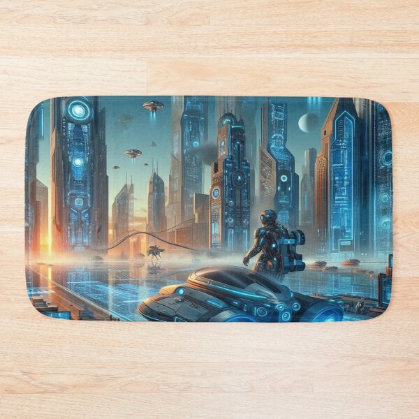 Item preview, futuristic scene with skyscrapers, hovercrafts and robots designed and sold by janusa.