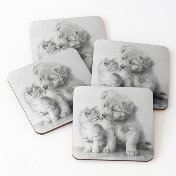 Item preview, Cute puppy and kitten pencil drawing designed and sold by CatsAndDogs-TF.