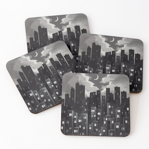 Item preview, Sleepless Nights City Lights Skyscraper Moon Illustration BW designed and sold by WatermelonPink.